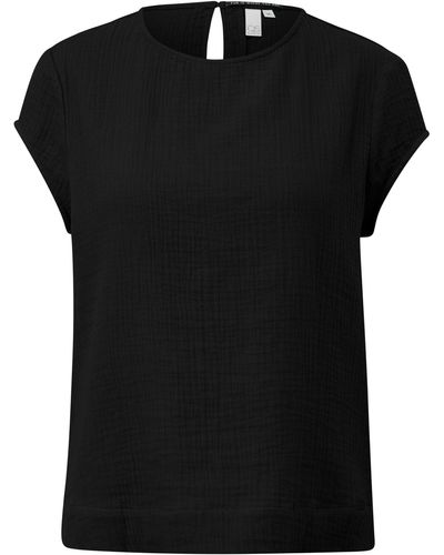 QS Kurzarmbluse Bluse aus Musselin Label-Patch - Schwarz