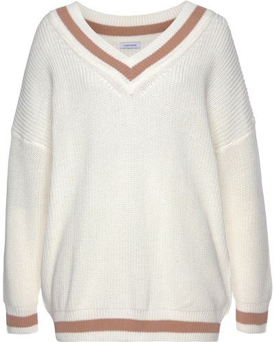 Lascana V-Ausschnitt-Pullover mit Streifen-Details - Weiß