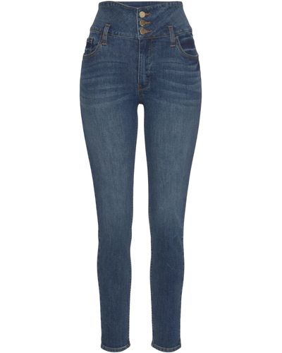Lascana High-waist-Jeans mit goldfarbenen Knöpfen, schmale Form, Stretch-Anteil - Blau