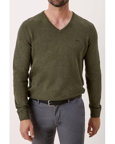 S.oliver Pullover Casual (1-tlg) mit V-Ausschnitt und Logo-Stickerei, Feinstrick - Grün