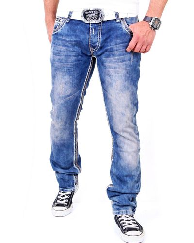 Reslad Slim-fit- Dicke Kontrast Doppel-Naht Used Look Jeanshose Jeans-Hose mit Dicker Kontrastnaht - Blau