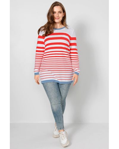 Janet & Joyce Strickpullover Long-Pullover Straight Fit Ringelmuster Rundhals - Rot