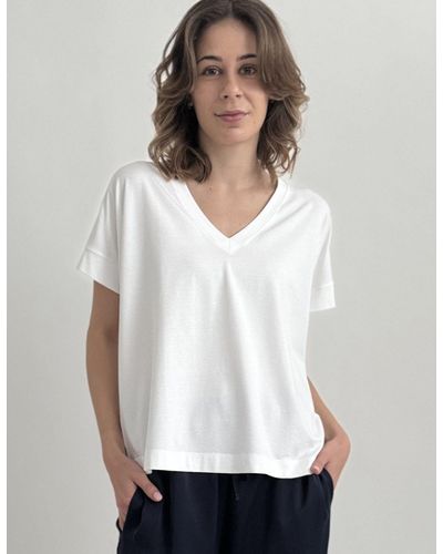 Zuckerwatte V-Shirt aus weicher Baumwolle Modal Mischung, mit Elasthan, bequemer Schnitt - Weiß