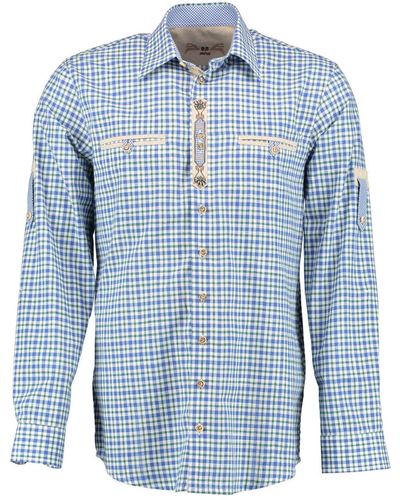 OS-Trachten Trachtenhemd Troyol Langarmhemd mit Edelweiß-Stickerei auf der Knopfleiste - Blau