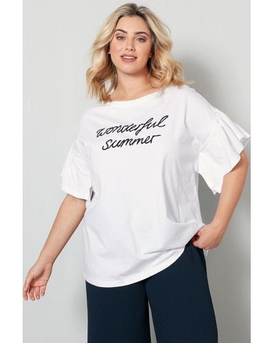 Sara Lindholm Rundhalsshirt T-Shirt oversized Schriftzug Rüschen-Halbarm - Weiß