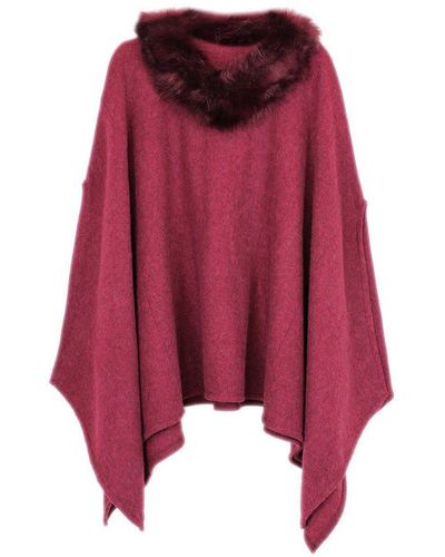 dy_mode Eleganter Poncho mit Kunstfell Kragen Winter Überwurf Mantel Kunstfellkragen - Rot