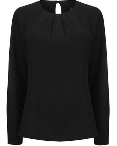Henbury Sweatshirt Ladies Pleat Front Long Sleeved Blouse - Schwarz