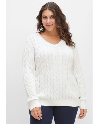 Sheego V-Ausschnitt-Pullover Große Größen aus Baumwolle, mit Zopfmuster - Weiß