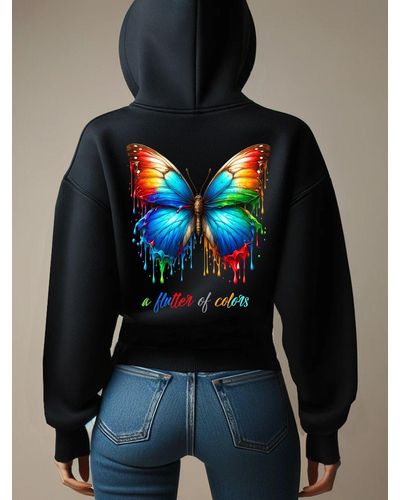 Rmk Kapuzenpullover Pullover Oversized Sweatshirts Schmetterling Butterfly Hoodie mit Kapuze - Blau
