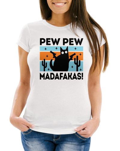 MoonWorks T- Spruch Pew Madafakas Katze Cat crazy verrückt Frauen Fun-Shirt lustig ® mit Print - Weiß