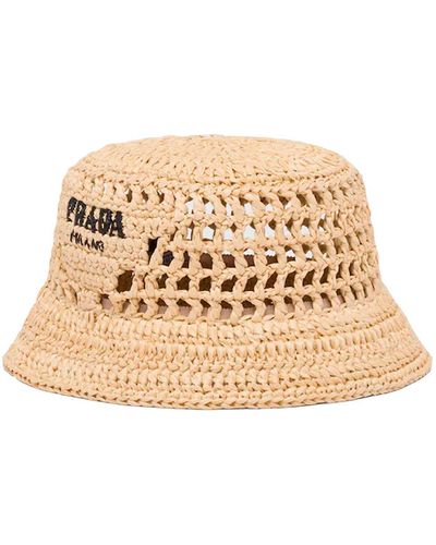 Prada Sombrero de rafia tejida con logo bordado - Neutro