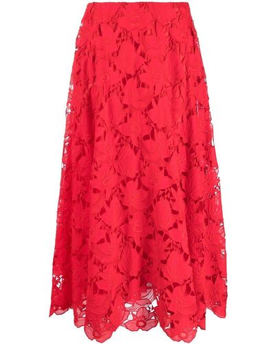 Valentino Falda midi con encaje floral - Rojo