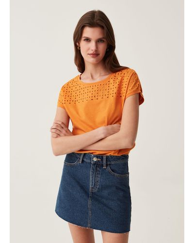 OVS T-shirt In Cotone Con Inserto In Sangallo - Arancione