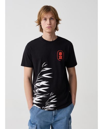 J E-TEES UOMO T-Shirt Con Stampa Foliage E Ideogrammi, Uomo, , Taglia - Nero