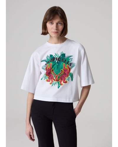 Piombo T-Shirt Over Con Stampa Tropicale, Donna, , Taglia - Bianco