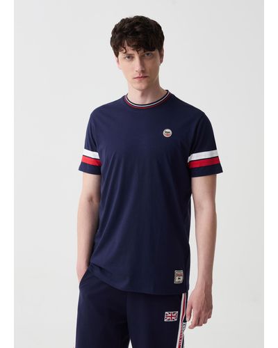 Lonsdale London T-Shirt Con Profili Rigati E Patch, Uomo, , Taglia - Blu
