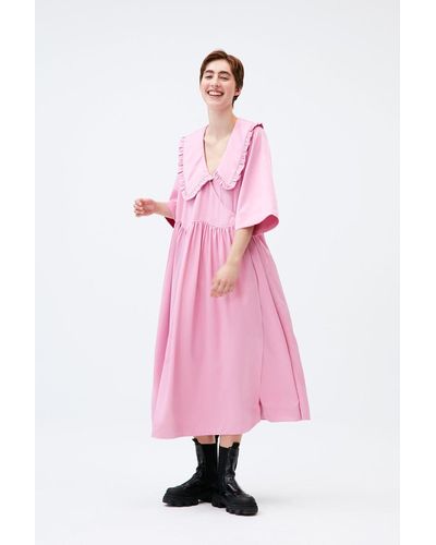 Ganni Smocked Satin Ruffle Collar Wavy Waist Oversize Wrap Dress - Pink