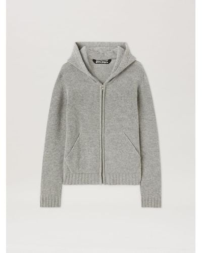 Palm Angels Curved Logo Zip Knit Hoodie - Gray