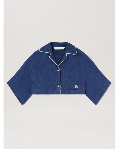 Palm Angels Monogram-embroidered Satin Cropped Shirt - Blue
