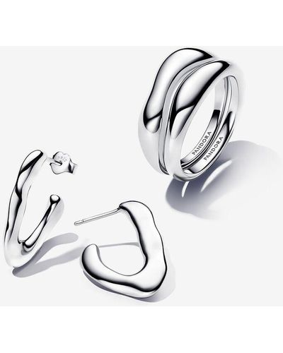 PANDORA Essence Sterling Silver Organically V-shaped Open Hoop Ring And Earrings Gift Set - Metallic