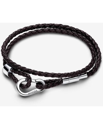 PANDORA Moments Brown Braided Double Leather Bracelet - Black
