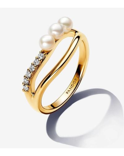 PANDORA Treated Freshwater Cultured Pearl & Organically Shaped Double Band Ring - Metallic