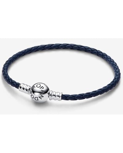 PANDORA Moments Round Clasp Blue Braided Leather Bracelet
