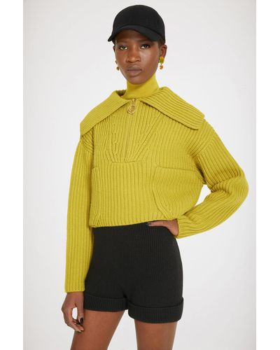 Patou Zipup Collar Rib Knit Jumper In Merino Wool Absinthe Size Xs - Yellow