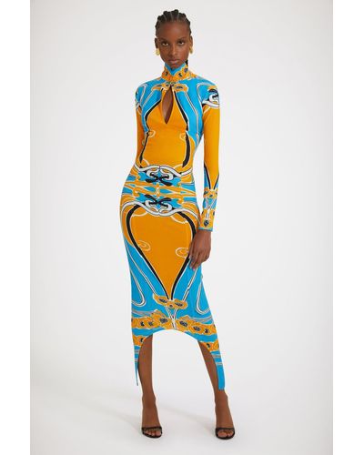 Patou Kleid mit offenem Rückenteil aus bedrucktem Bio-Stretch-Seersucker - Blau