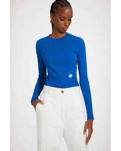 Patou Fitted Rib Knit Jumper In Organic Cotton - Blue