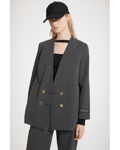 Patou Collarless Double-breasted Jacket In Technical Wool Twill - Grey