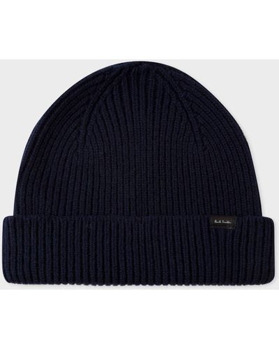 Paul Smith Navy Cashmere-blend Ribbed Beanie Hat - Blue