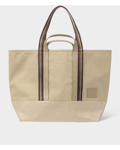 Paul Smith Beige Cotton-blend Canvas Tote Bag With 'signature Stripe' Straps - Natural