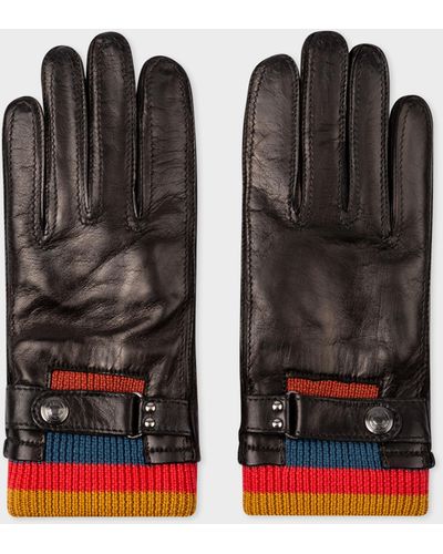 Paul Smith Black Leather 'artist Stripe' Cuff Gloves