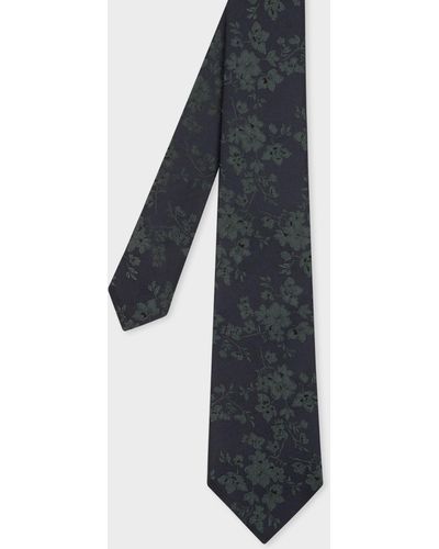 Paul Smith Dark Navy Floral Silk Tie - White