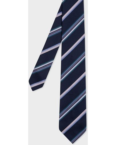 Paul Smith Navy Silk Multi Color Stripe Tie - Blue