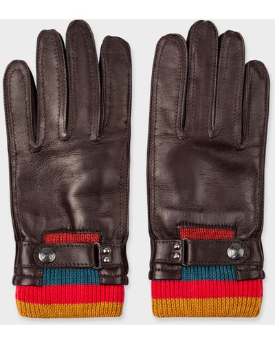 Paul Smith Brown Leather 'artist Stripe' Cuff Gloves - Red