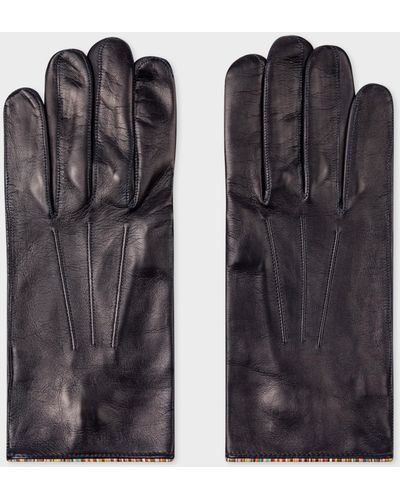 Paul Smith Navy Leather Gloves With 'signature Stripe' Piping - Black