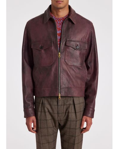 Paul Smith Mens Casual Fit Leather Zip Front Jacket - Brown