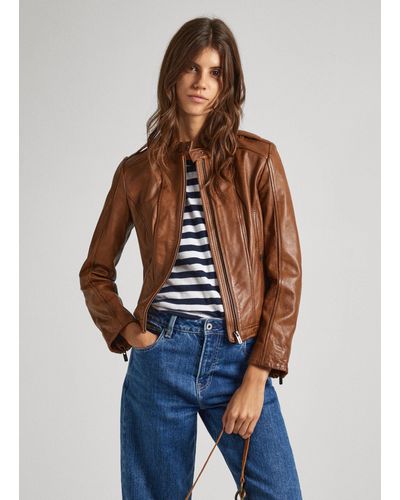 Pepe Jeans Cazadora biker de piel - Azul