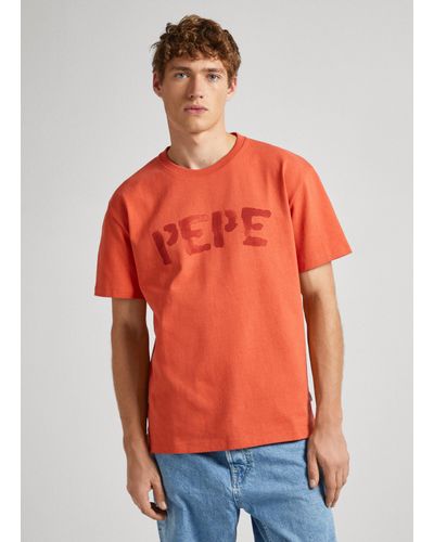 Pepe Jeans Camiseta algodón con logo estampado - Naranja