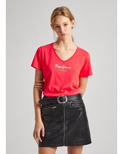 Pepe Jeans Camiseta regular con cuello pico - Rojo