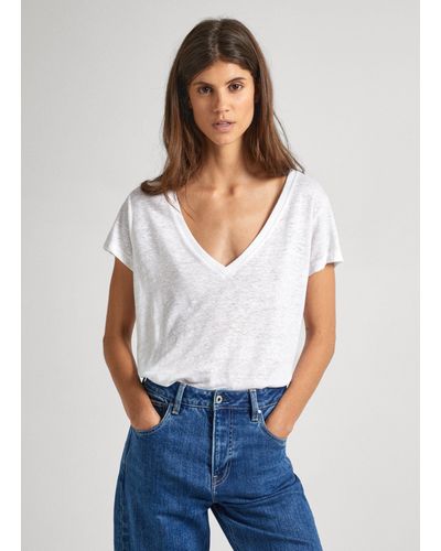 Pepe Jeans T-shirt col v manches courtes - Blanc