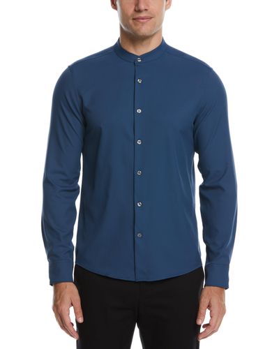 Perry Ellis Untucked Total Stretch Slim Fit Banded Collar Shirt - Blue