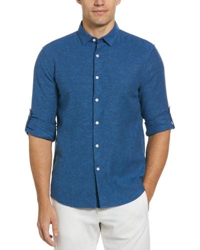 Perry Ellis Untucked Slim Fit Linen Blend Rolled Sleeve Shirt - Blue
