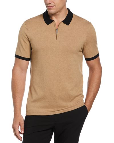 Perry Ellis Tech Knit Color Block Zip Sweater Polo - Natural