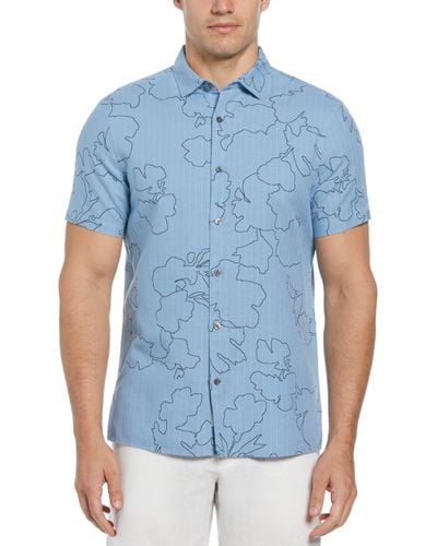 Perry Ellis Floral Print Dobby Shirt - Blue