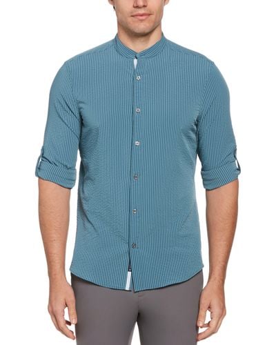 Perry Ellis 'Untucked Total Stretch Slim Fit Seersucker Shirt - Blue