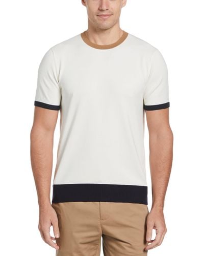 Perry Ellis Tech Knit Contrast Ribbed Crew Neck Sweater T-Shirt - White