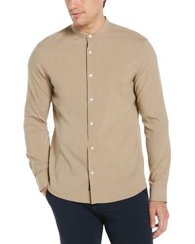 Perry Ellis Untucked Total Stretch Slim Fit Banded Collar Shirt - Natural